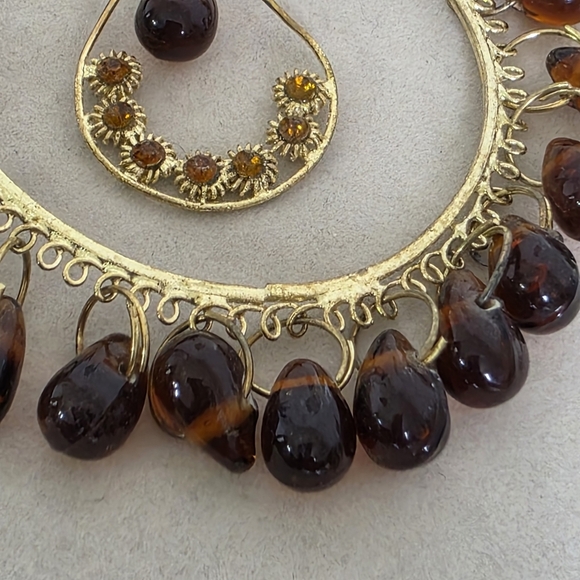 Large Statement Gold Hoop Earrings with Amber Glass Beads - Picture 6 of 14